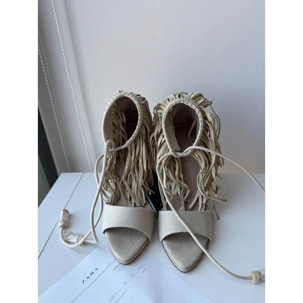 Zara Beige Faux Suede Fringe Lace Up Tassel Stiletto Heeled Sandals Size 8  NWT